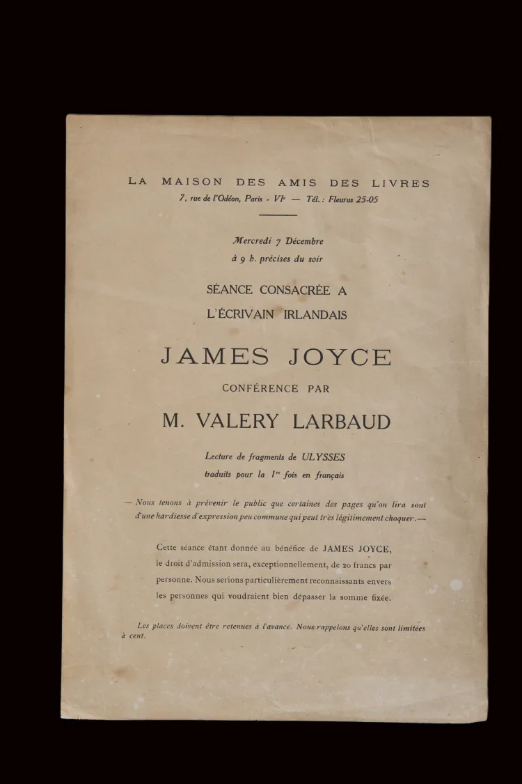Notice of readings from Ulysses and lecture by Valery Larbaud, 7 December 1921
