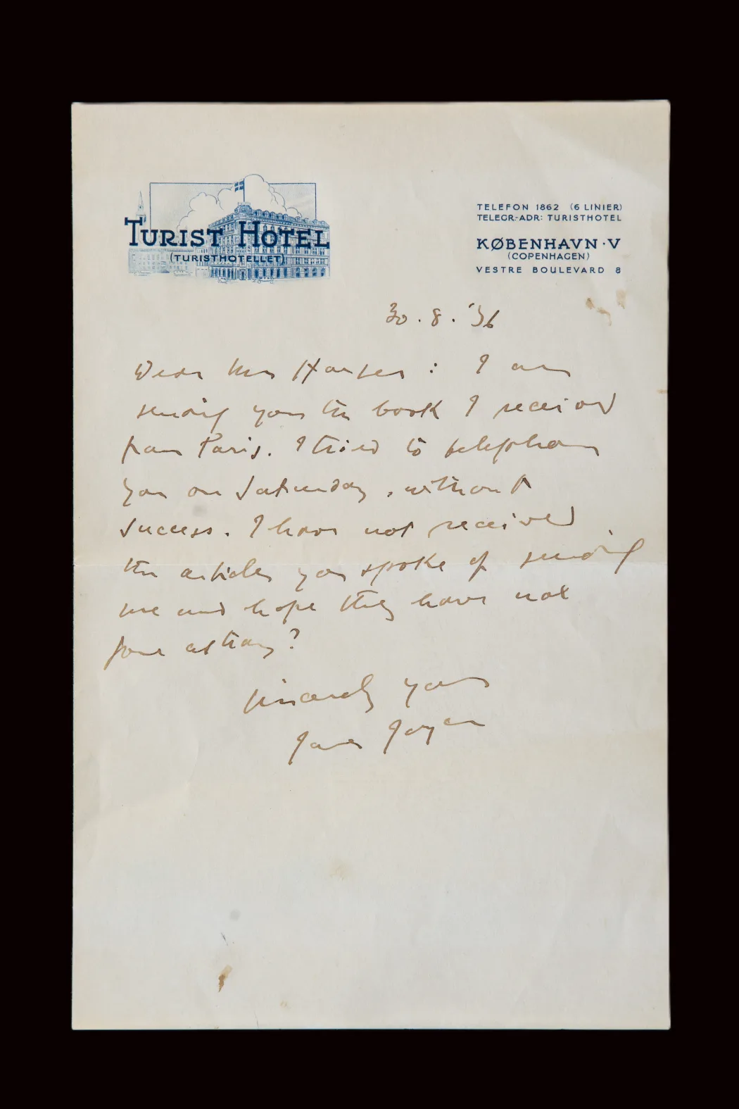 Original MS letter from James Joyce to Mrs Hansen, 30 August 1936