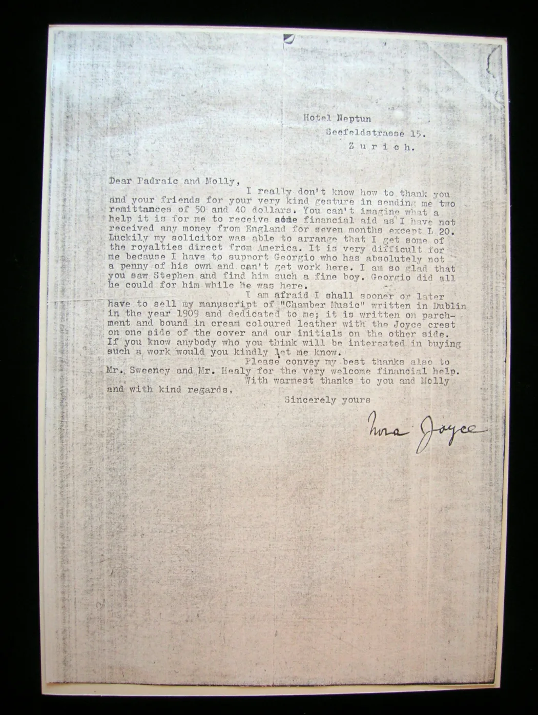 Copy of typed letter from Nora Joyce to the Colums