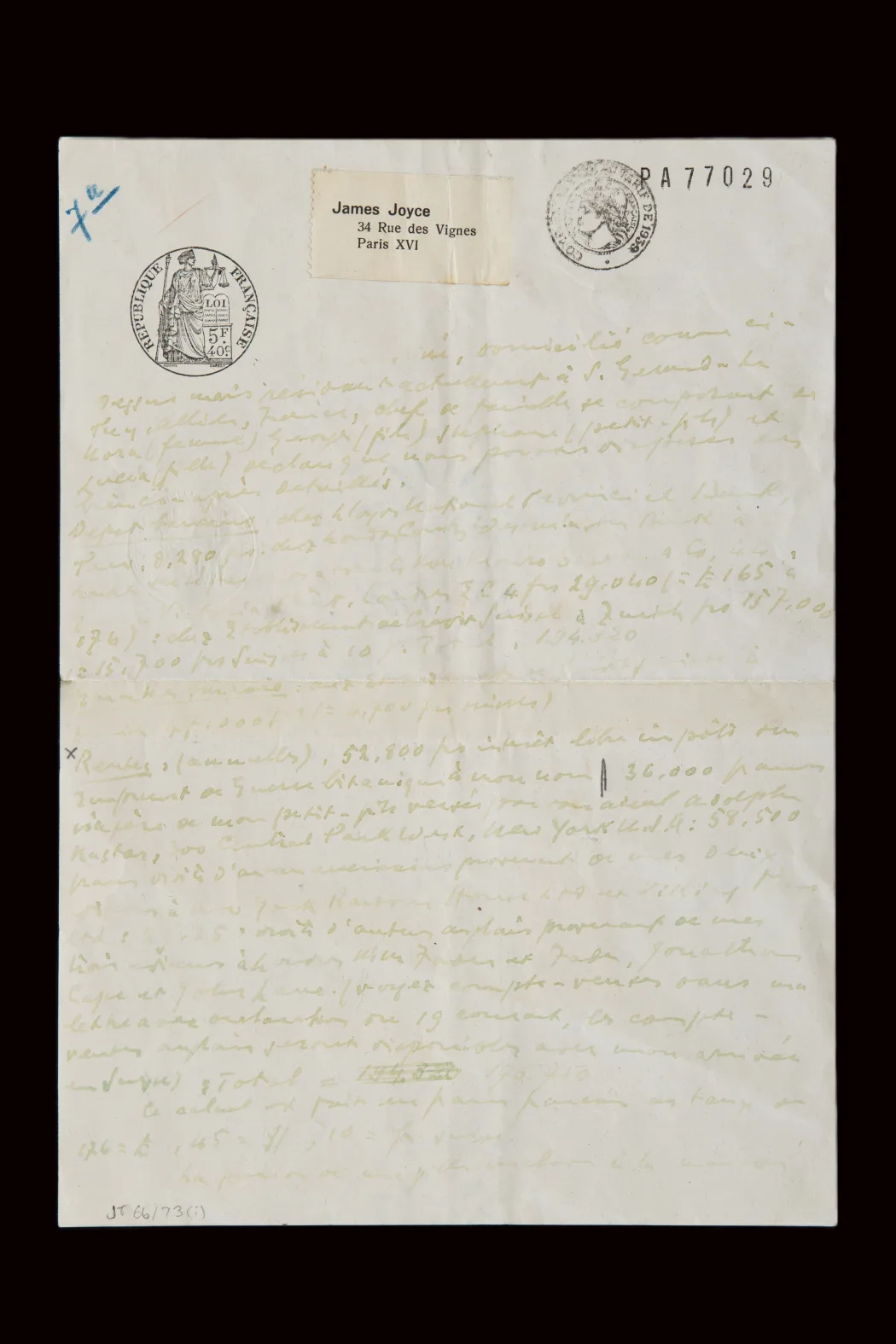 Original MS statement by James Joyce for Swiss authorities 1940