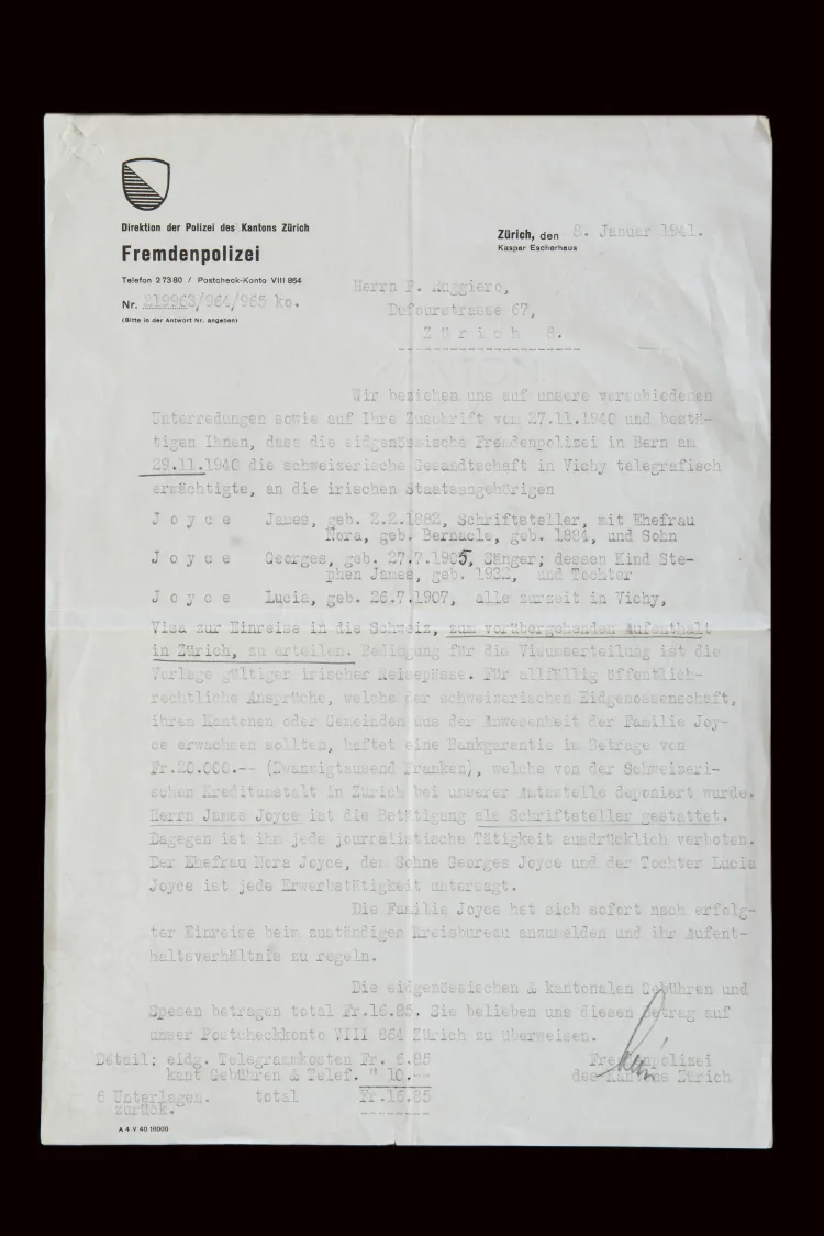 Official entry permit allowing Joyce family into Switzerland, dated 8 January 1941