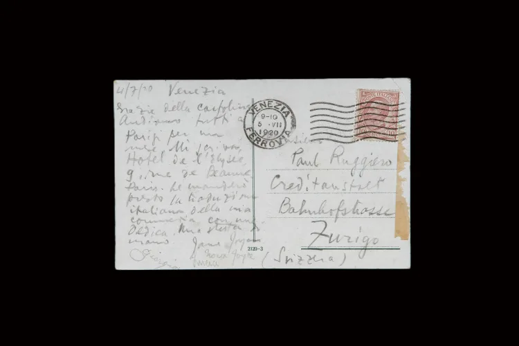 Original MS postcard from James Joyce to Paul Ruggiero, 4 July 1920