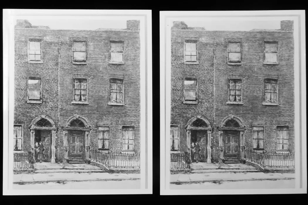 2 photos of painting by Flora Mitchell of 7 Eccles Street