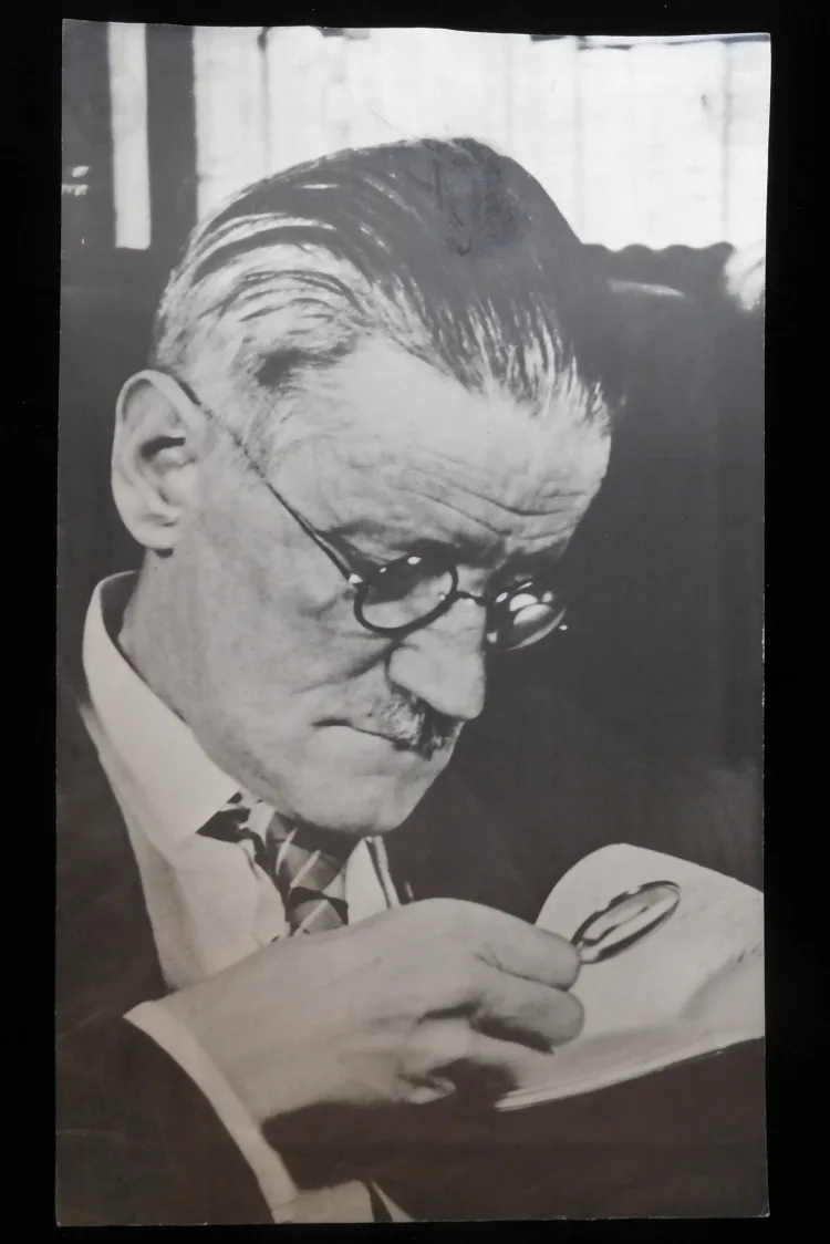 Printed reproduction of photo by Gisele Freund of James Joyce