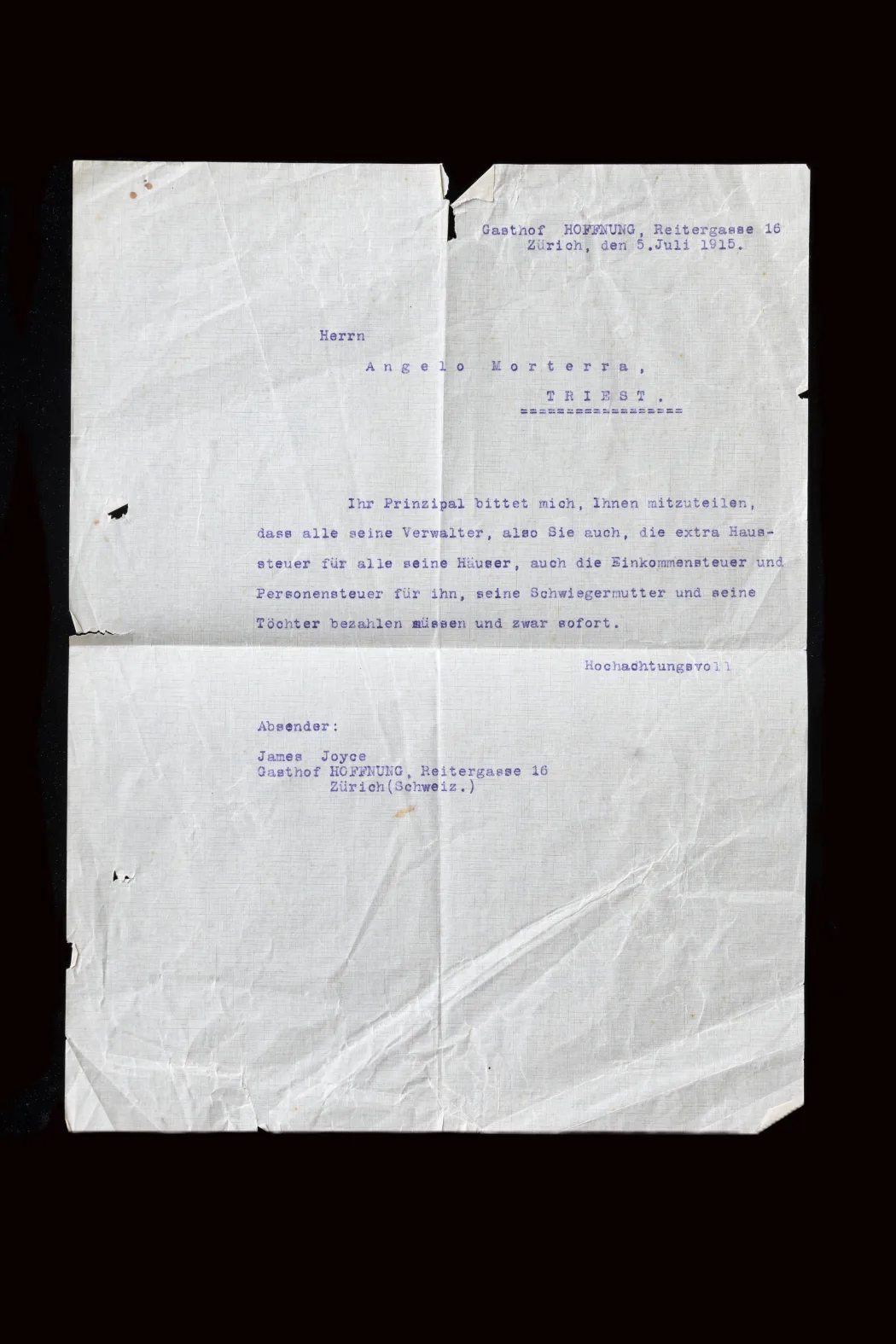 Carbon TS copies of 2 letters from James Joyce to Angelo Morterra, 1916